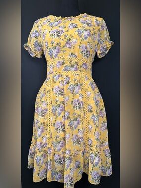 #129- miami Yellow Floral Top with Crochet Trim